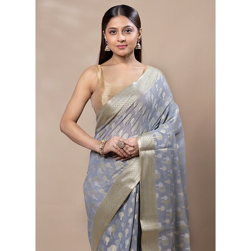 Grey Kora Silk Saree With Blouse Piece - JD986603368