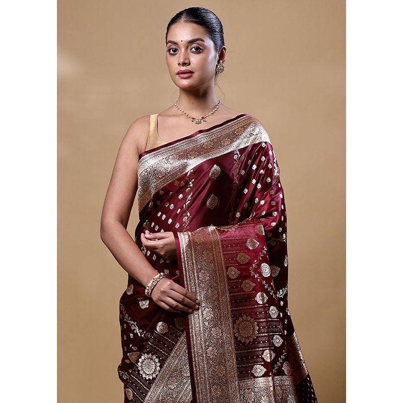 Maroon Banarasi Silk Saree With Blouse Piece - JD986603307