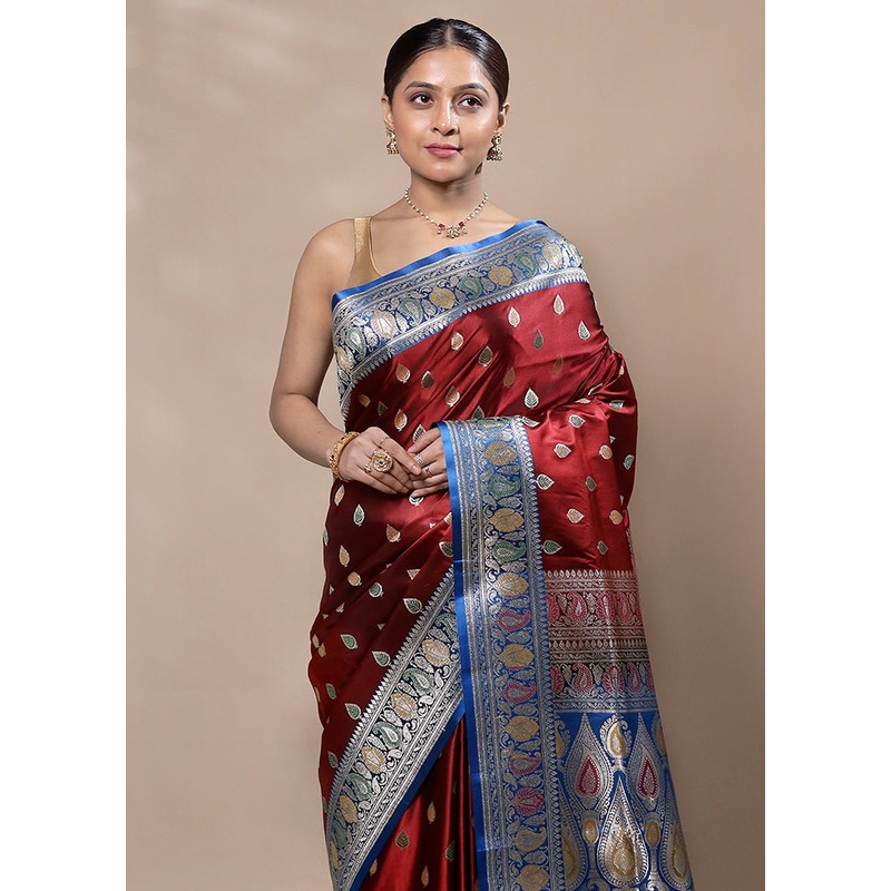 Maroon Handloom Banarasi Pure Silk Saree With Blouse Piece - JD986603364