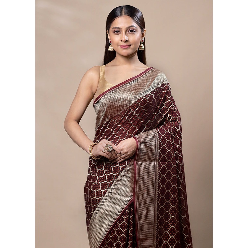 Maroon Kora Silk Saree With Blouse Piece - JD986603363