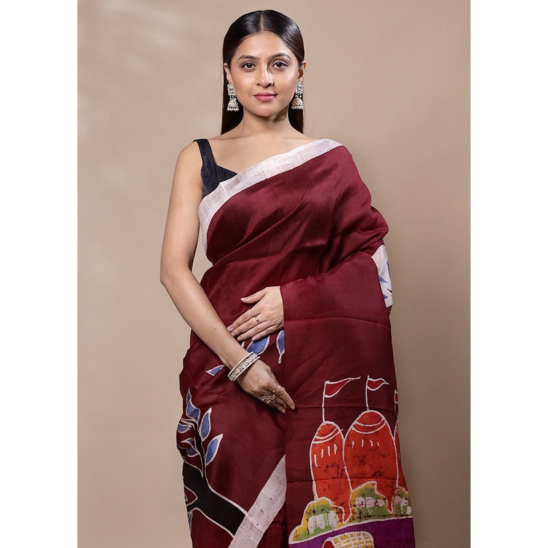 Maroon Printed Pure Silk Saree Without Blouse Piece - JD986603362