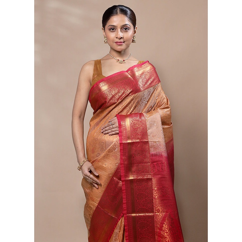 Orange Kanjivaram Silk Saree With Blouse Piece - JD986603361