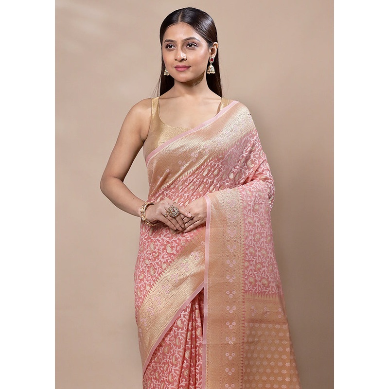 Peach Kora Silk Saree With Blouse Piece - JD986603358