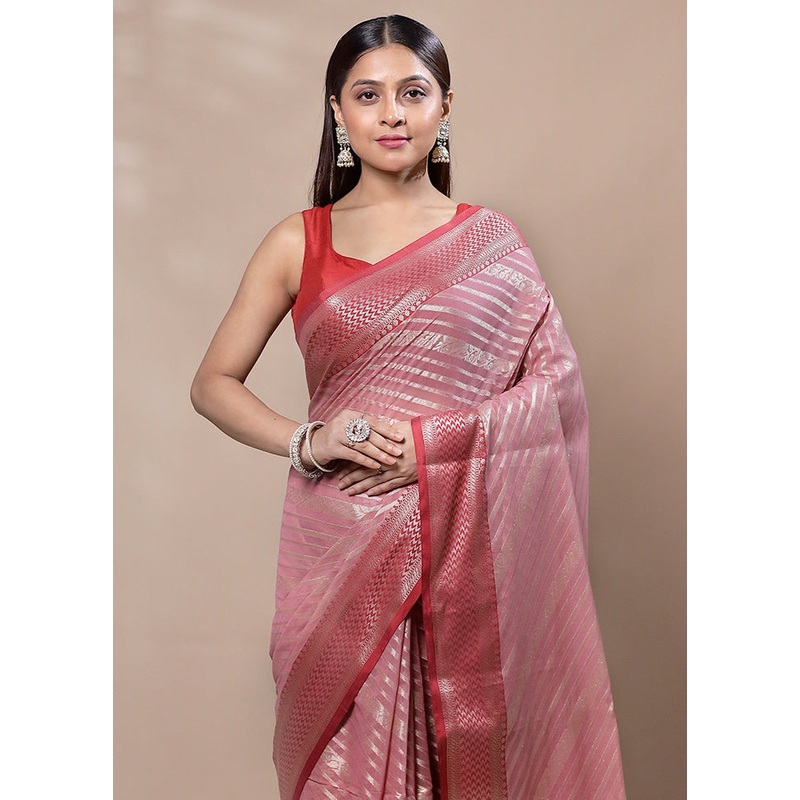 Pink Kora Silk Saree With Blouse Piece - JD986603351