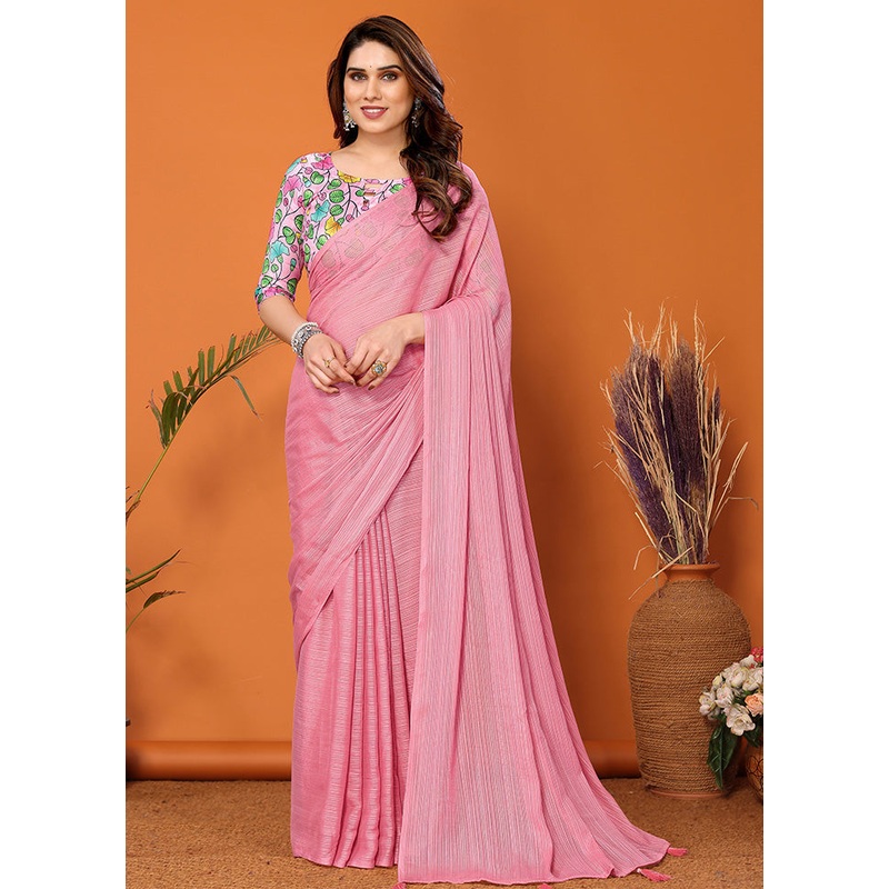 Pink Spun Silk Saree With Blouse Piece - JD986603468