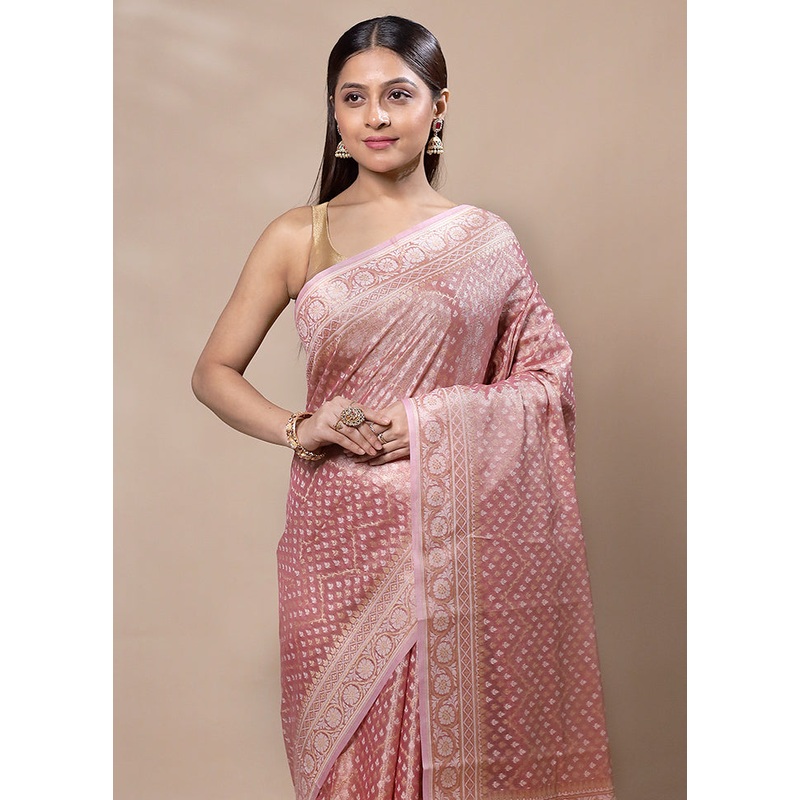 Pink Tissue Silk Saree With Blouse Piece - JD986603348