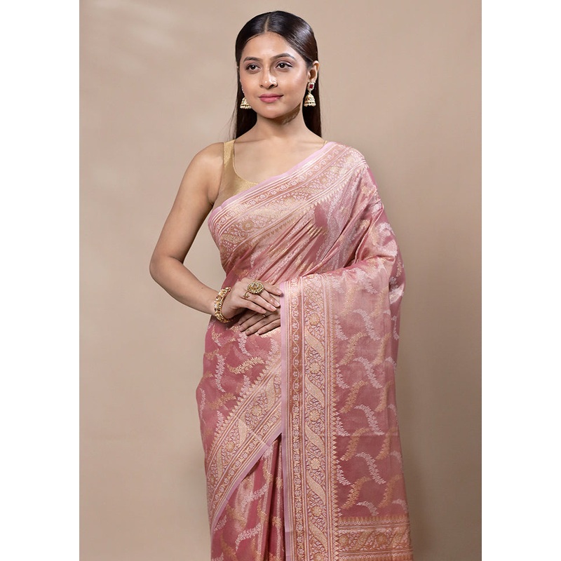 Pink Tissue Silk Saree With Blouse Piece - JD986603349