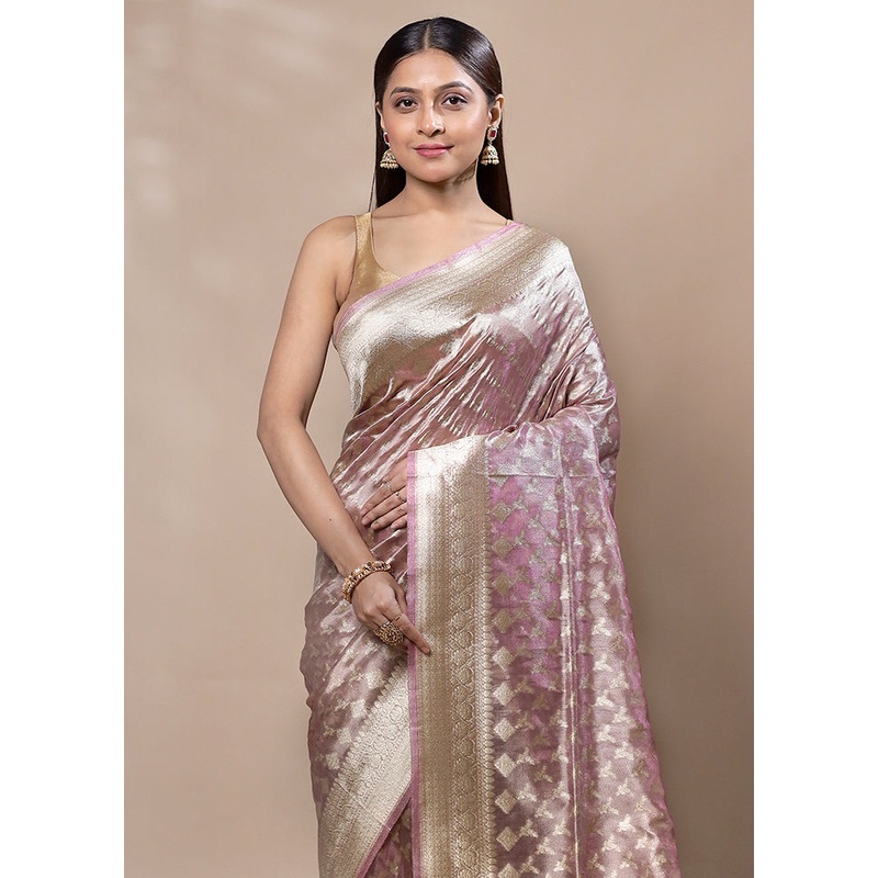 Pink Tissue Silk Saree With Blouse Piece - JD986603350