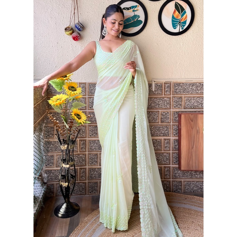 Pista Green Georgette Saree With Blouse Piece - JD986603479