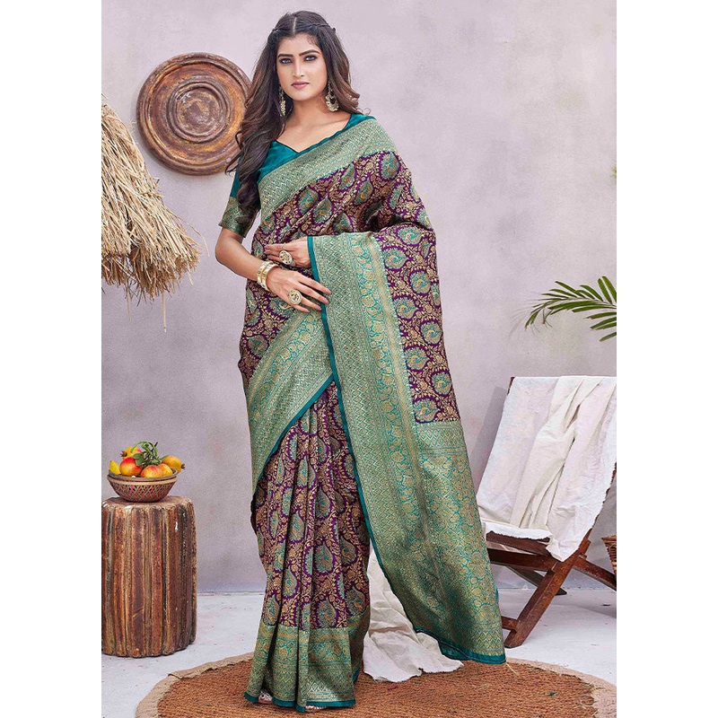 Purple Baluchari Silk Saree With Blouse Piece - JD986603477