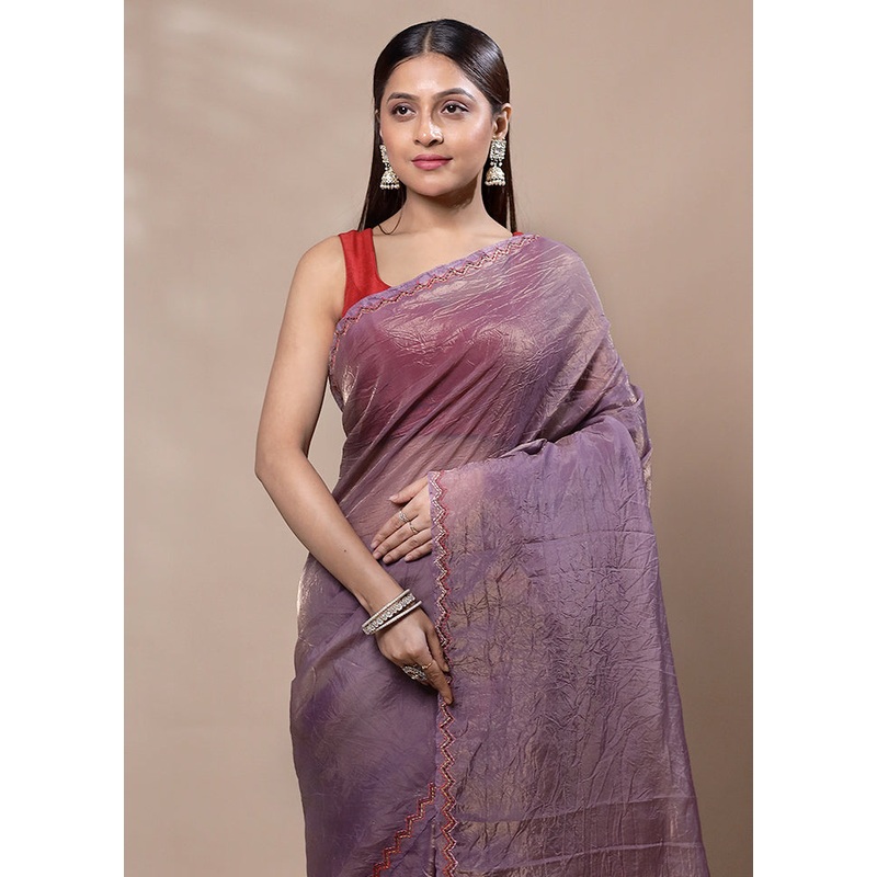 Purple Crushed Tissue Silk Saree With Blouse Piece - JD986603347