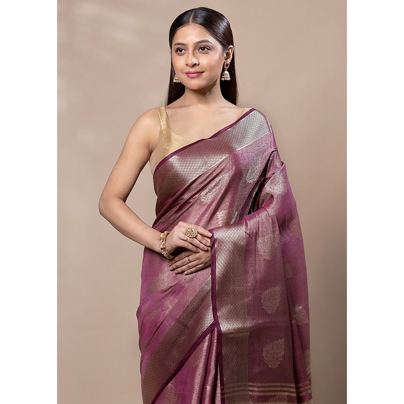 Purple Tissue Silk Saree With Blouse Piece - JD986603345