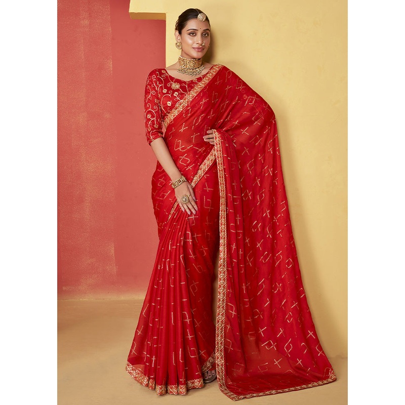 Red Chiffon Silk Saree With Blouse Piece - JD986603472