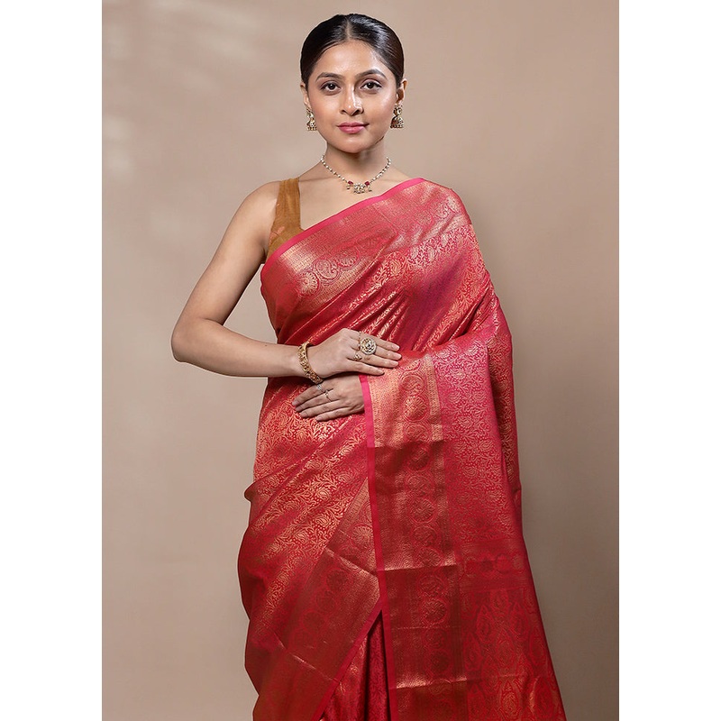 Red Kanjivaram Silk Saree With Blouse Piece - JD986603344