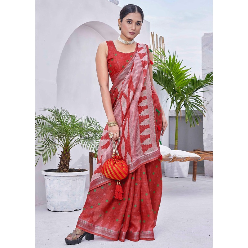 Red Linen Silk Saree With Blouse Piece - JD986603470