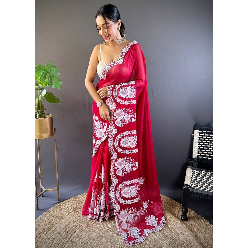 Red Organza Saree With Blouse Piece - JD986603469