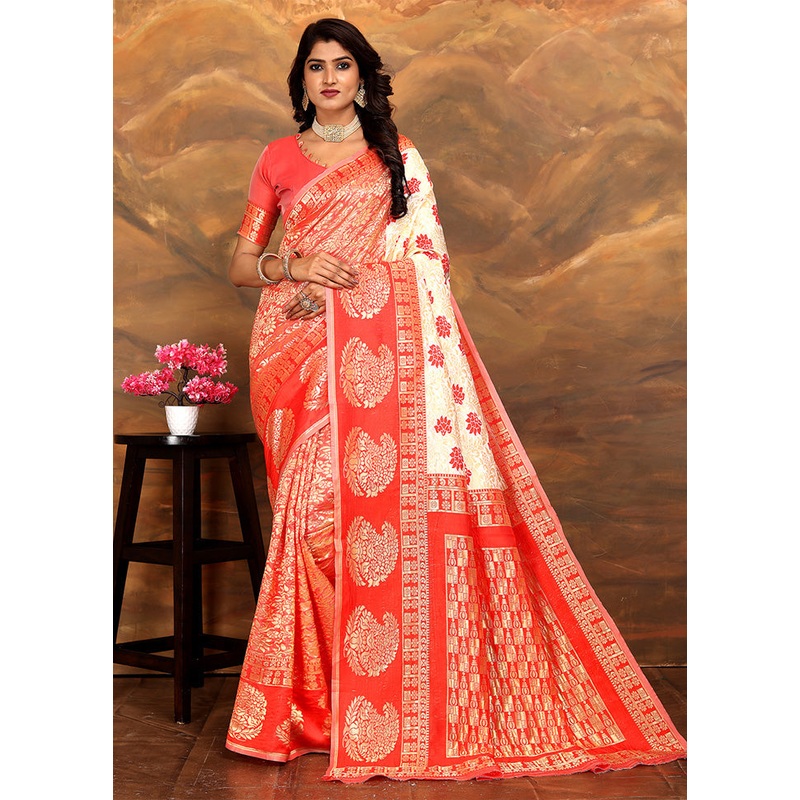 Red Spun Silk Saree With Blouse Piece - JD986603467
