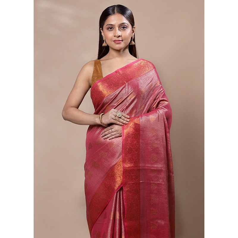 Red Tissue Silk Saree With Blouse Piece - JD986603342