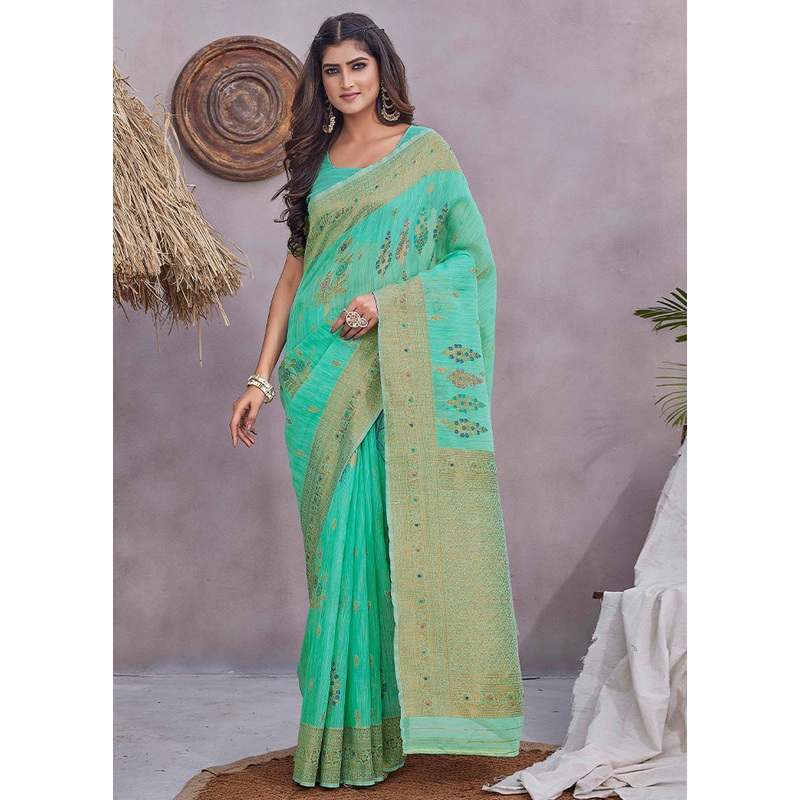 Sea Green Kanjivaram Silk Saree With Blouse Piece - JD986603462