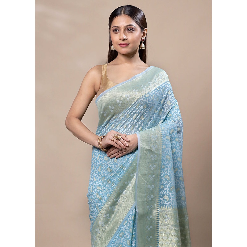 Sky Blue Kora Silk Saree With Blouse Piece - JD986603340