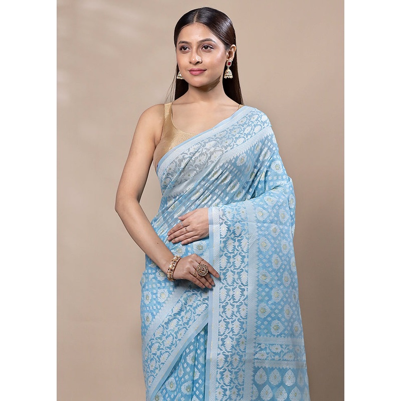 Sky Blue Kora Silk Saree With Blouse Piece - JD986603341