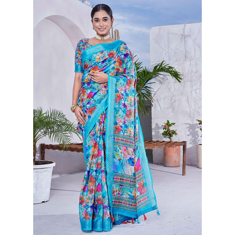Sky Blue Linen Silk Saree With Blouse Piece - JD986603460
