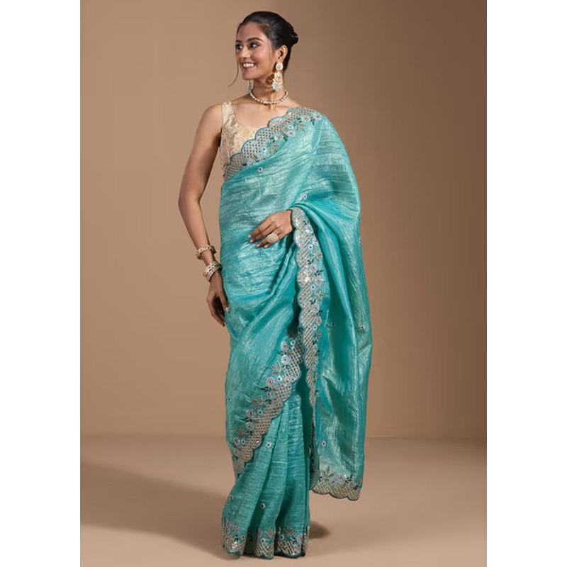 Teal Spun Silk Saree With Blouse Piece - JD986603458