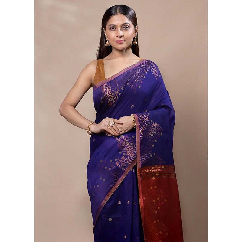 Violet Cotton Saree With Blouse Piece - JD986603338