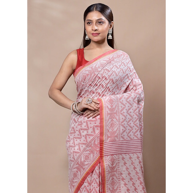 White Cotton Saree With Blouse Piece - JD986603337