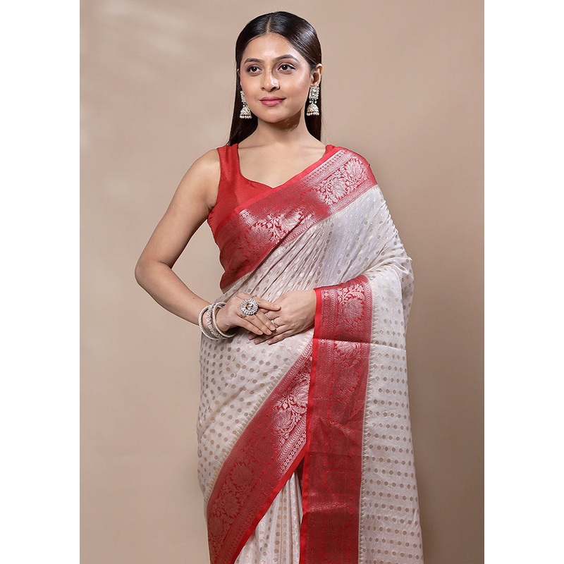 White Kora Silk Saree With Blouse Piece - JD986603335