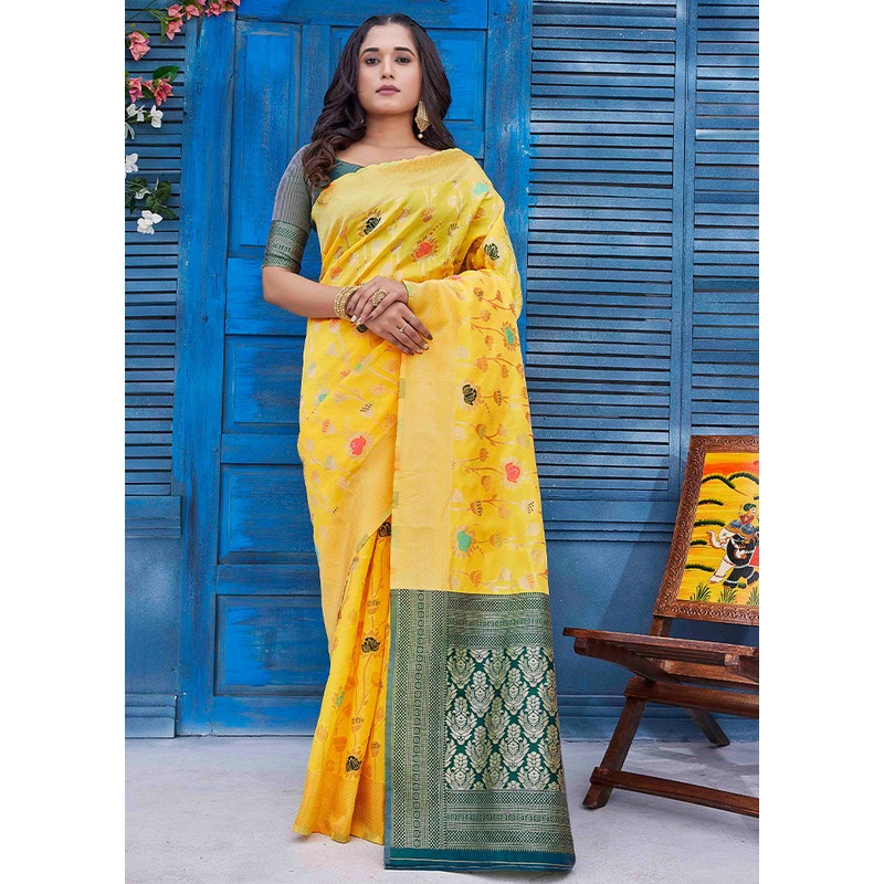Yellow Banarasi Silk Saree With Blouse Piece - JD986603456