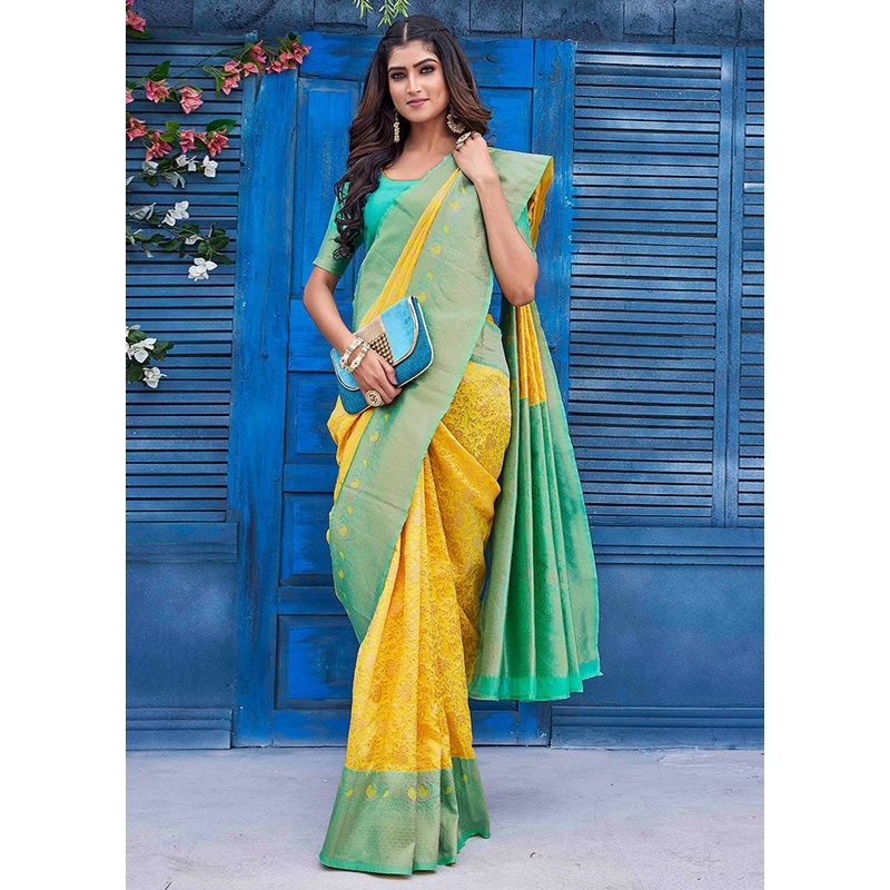 Yellow Banarasi Silk Saree With Blouse Piece - JD986603457