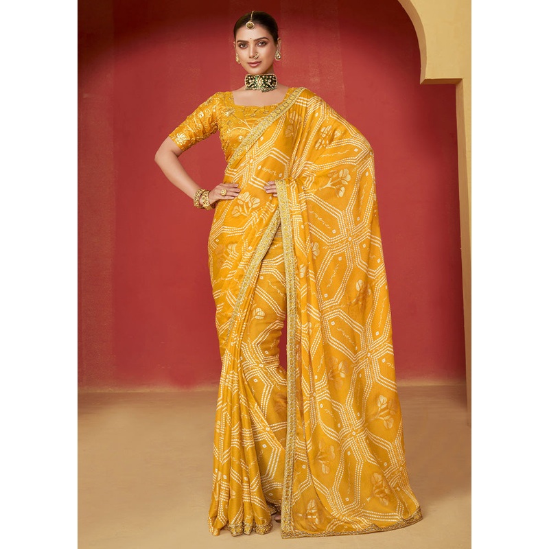 Yellow Chiffon Silk Saree With Blouse Piece - JD986603455