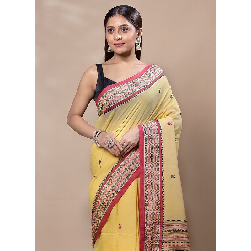 Yellow Cotton Saree With Blouse Piece - JD986603332