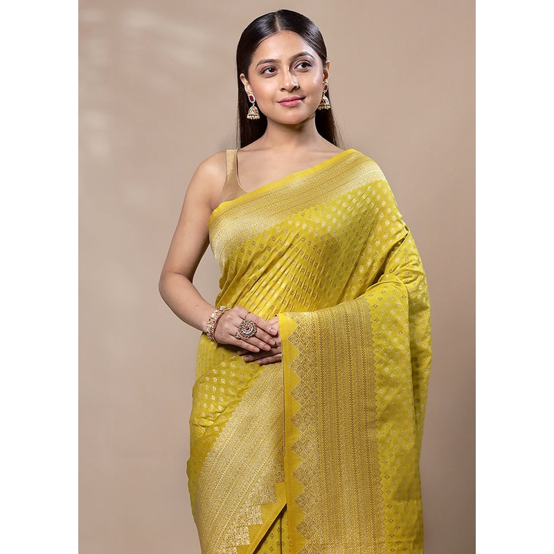Yellow Dupion Silk Saree With Blouse Piece - JD986603334