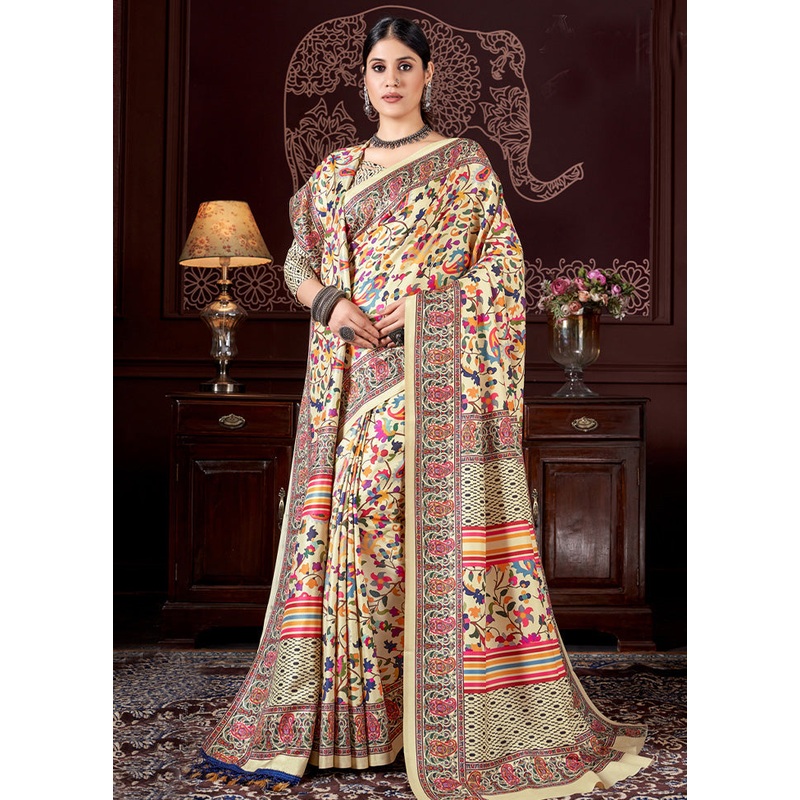 Yellow Pasmina Silk Saree With Shawl And Blouse Piece - JD986603452