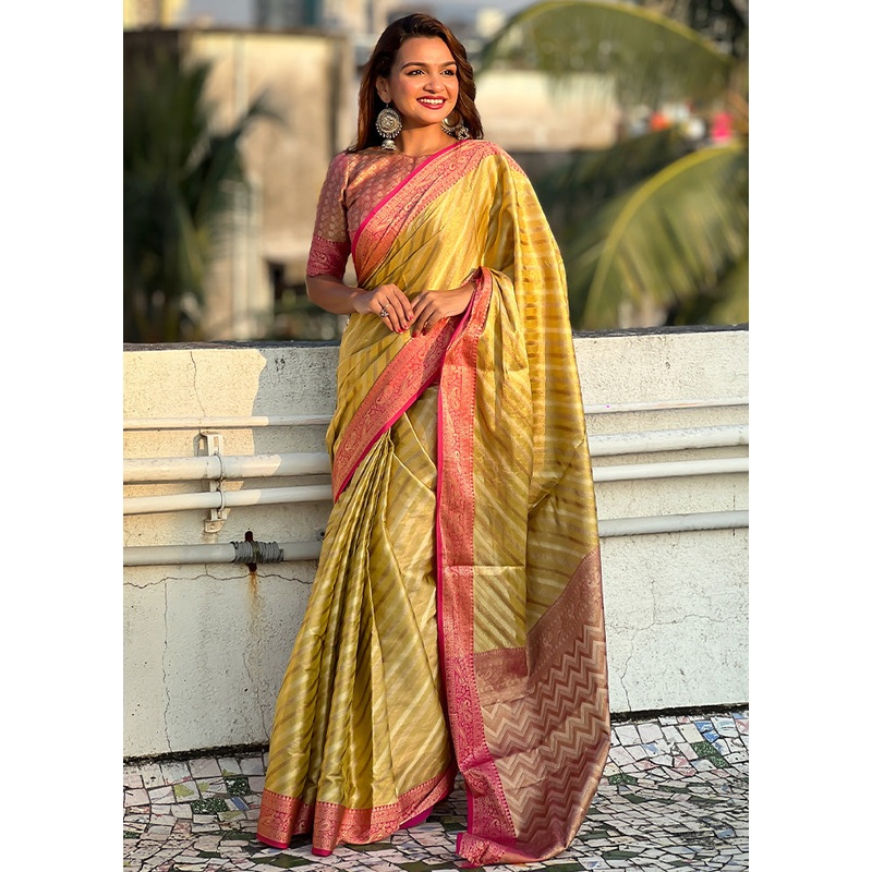 Yellow Spun Silk Saree With Blouse Piece - JD986603450
