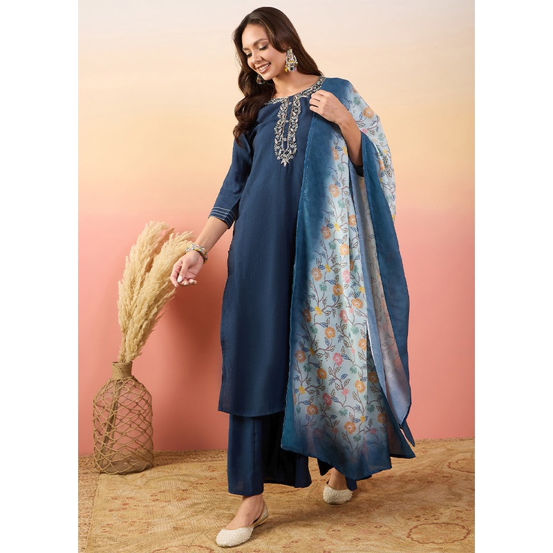 3 Pc Blue Pure Readymade Silk Suit Set - JD986603267