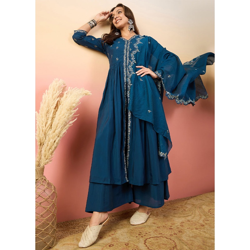 3 Pc Blue Pure Readymade Silk Suit Set - JD986603268