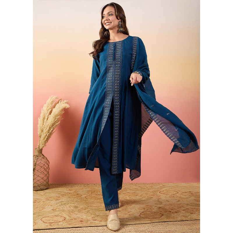 3 Pc Blue Pure Readymade Silk Suit Set - JD986603269