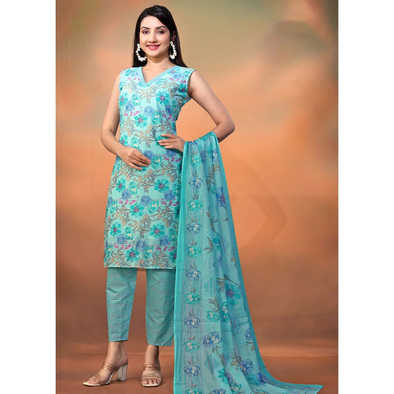 3 Pc Blue Readymade Cotton Long Kurti Set - JD986603266