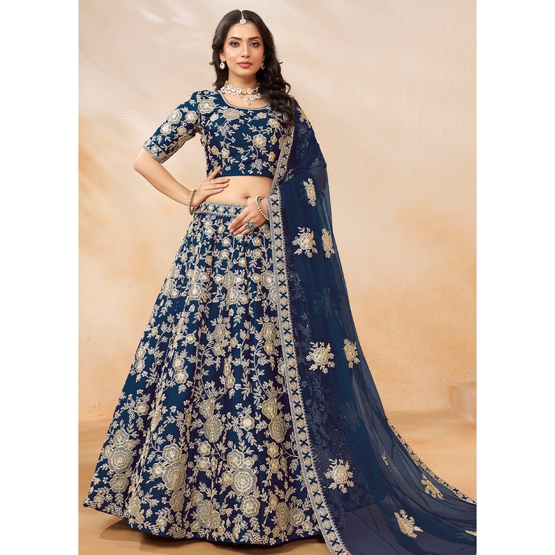 3 Pc Blue Silk Semi Stitched Lehenga Set - JD986603236