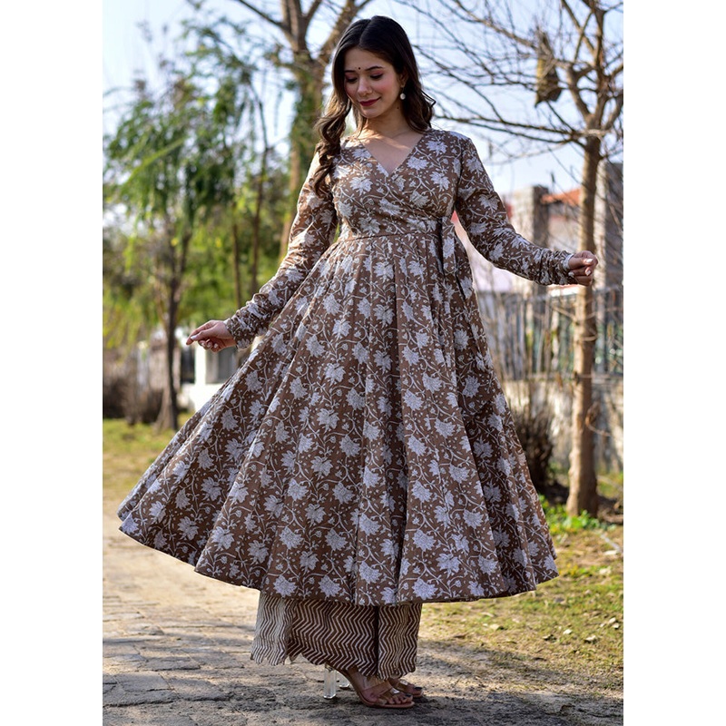 3 Pc Brown Readymade Silk Long Kurti Set - JD986603265