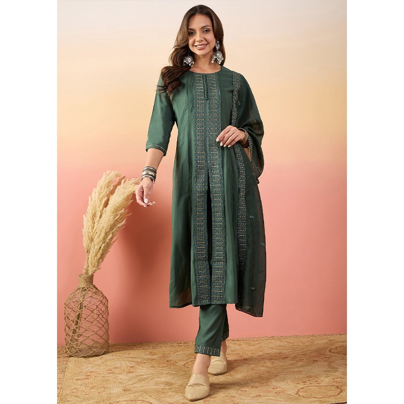 3 Pc Green Pure Readymade Silk Suit Set - JD986603263