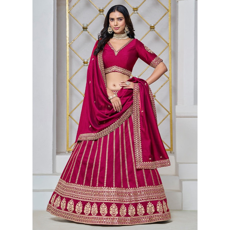 3 Pc Pink Silk Semi Stitched Lehenga Set - JD986603234