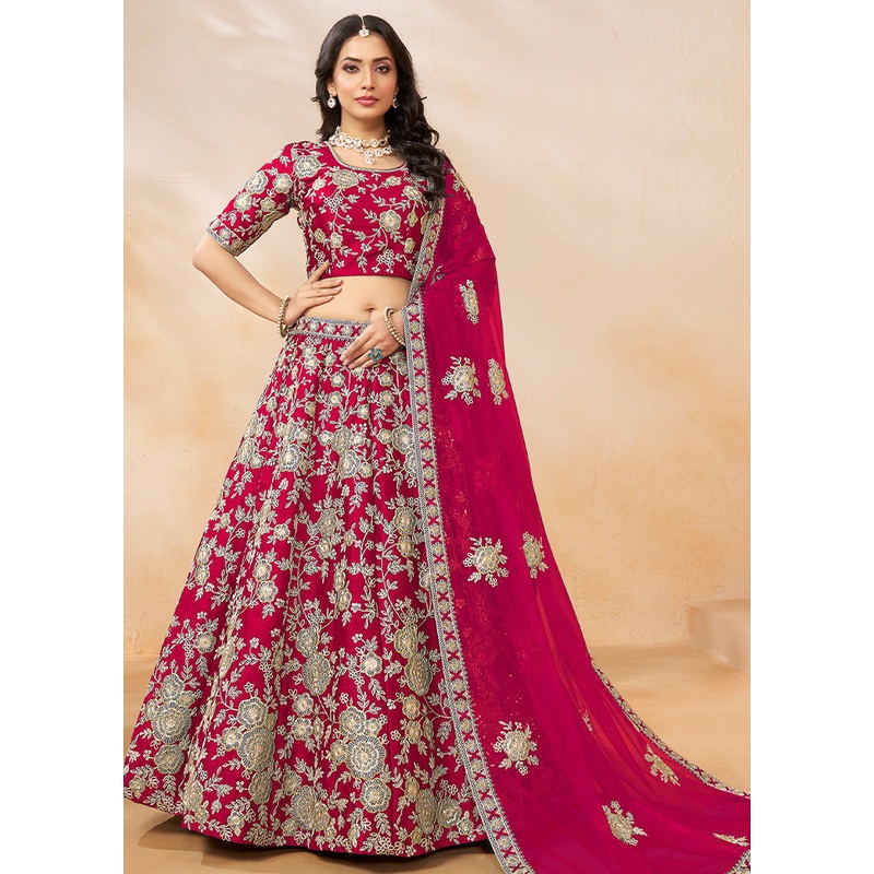 3 Pc Pink Silk Semi Stitched Lehenga Set - JD986603235