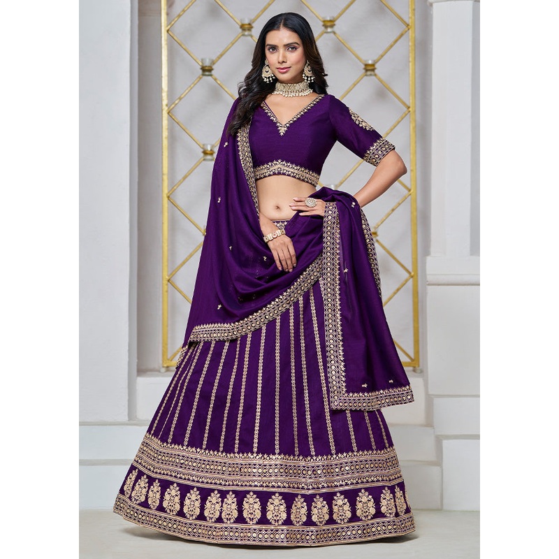 3 Pc Purple Silk Semi Stitched Lehenga Set - JD986603232