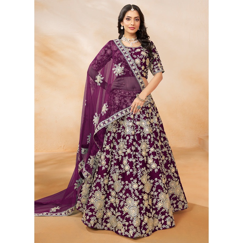 3 Pc Purple Silk Semi Stitched Lehenga Set - JD986603233