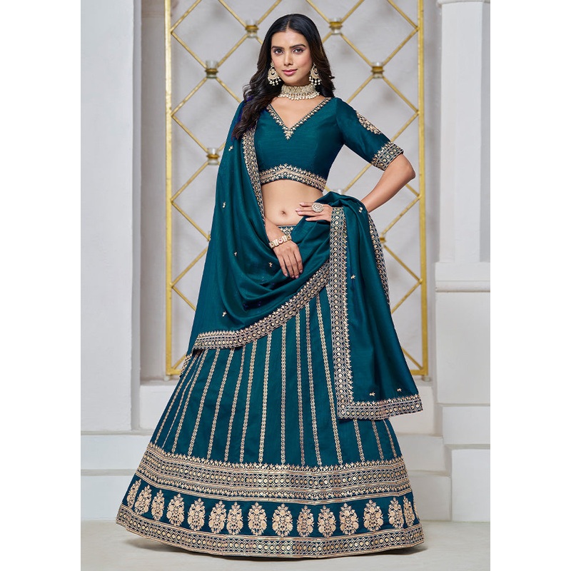 3 Pc Teal Blue Silk Semi Stitched Lehenga Set - JD986603230