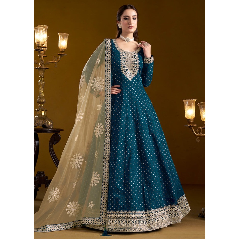 3 Pc Teal Semi Stitched Chanderi Suit Set - JD986603274